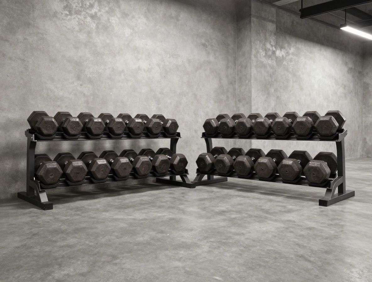 Empty weight training room with iron dumbbells arranged on a rack, overhead industrial lighting, clean concrete floor, no people present, raw and utilitarian aesthetic