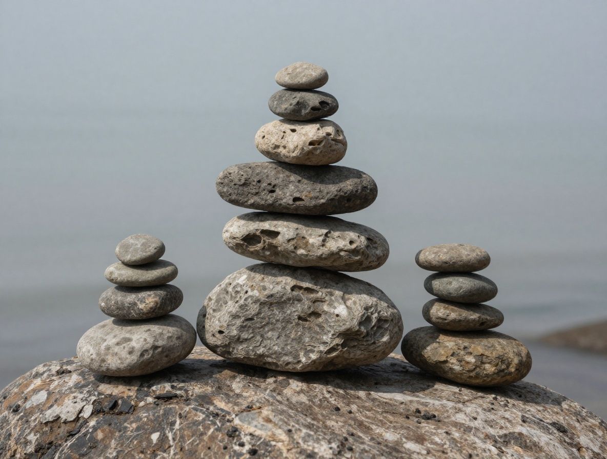 Stones balanced carefully in a stack on a smooth rocky surface near water, natural tones of grey and brown, symbol of equilibrium and deliberate composition, no text or branding visible