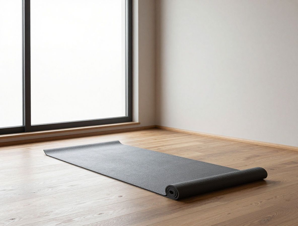 Minimalist home interior corner with a yoga mat rolled out on a wooden floor beside a large window, soft natural light entering, no people, peaceful and ordered space for quiet movement