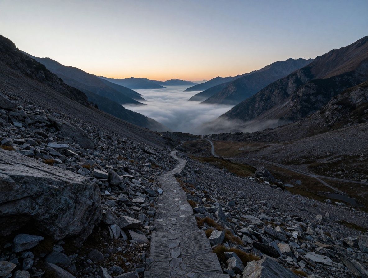 Wide mountain landscape at dawn with a narrow winding trail descending through rocky alpine terrain, mist rising in the valley below, serene and vast natural environment