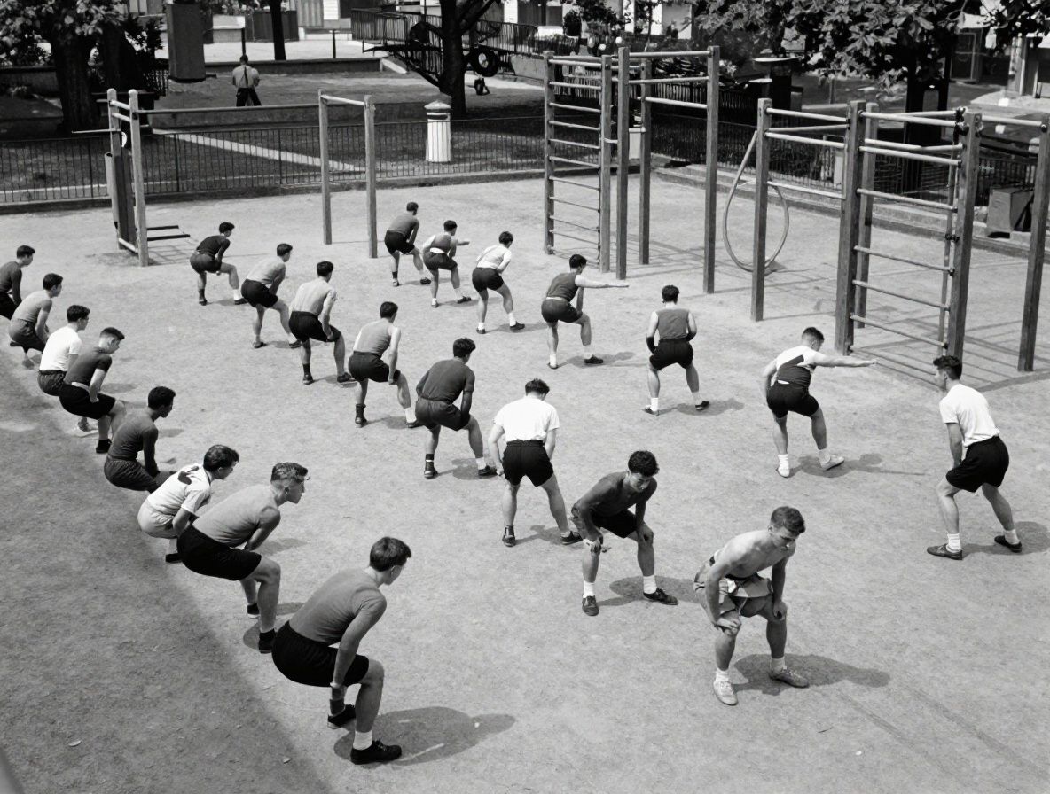 Vintage black and white photograph of a large outdoor gymnasium with wooden equipment and rows of young men performing calisthenic exercises in an open courtyard, historical setting