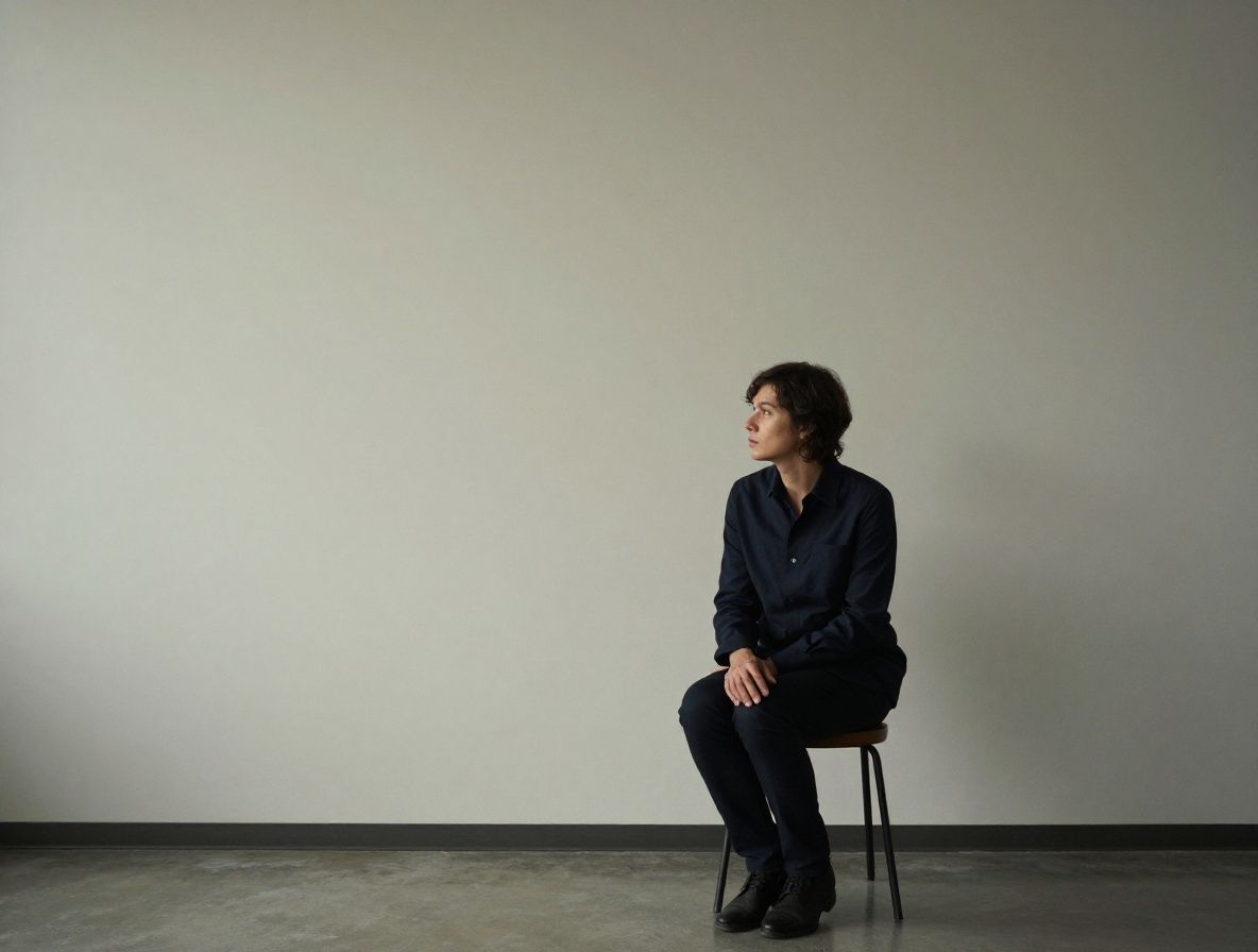 Person sitting quietly in a sparse indoor space, hands resting on knees, looking thoughtfully at a wall, subdued lighting creating a reflective, still atmosphere
